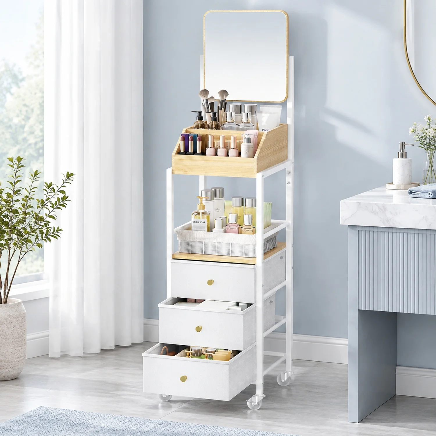 Makeup Organizer Cart With Mirror - Makeup Storage Vanity Dresser With Non-Woven Drawers, 360° Rotating HD Mirror, Rolling