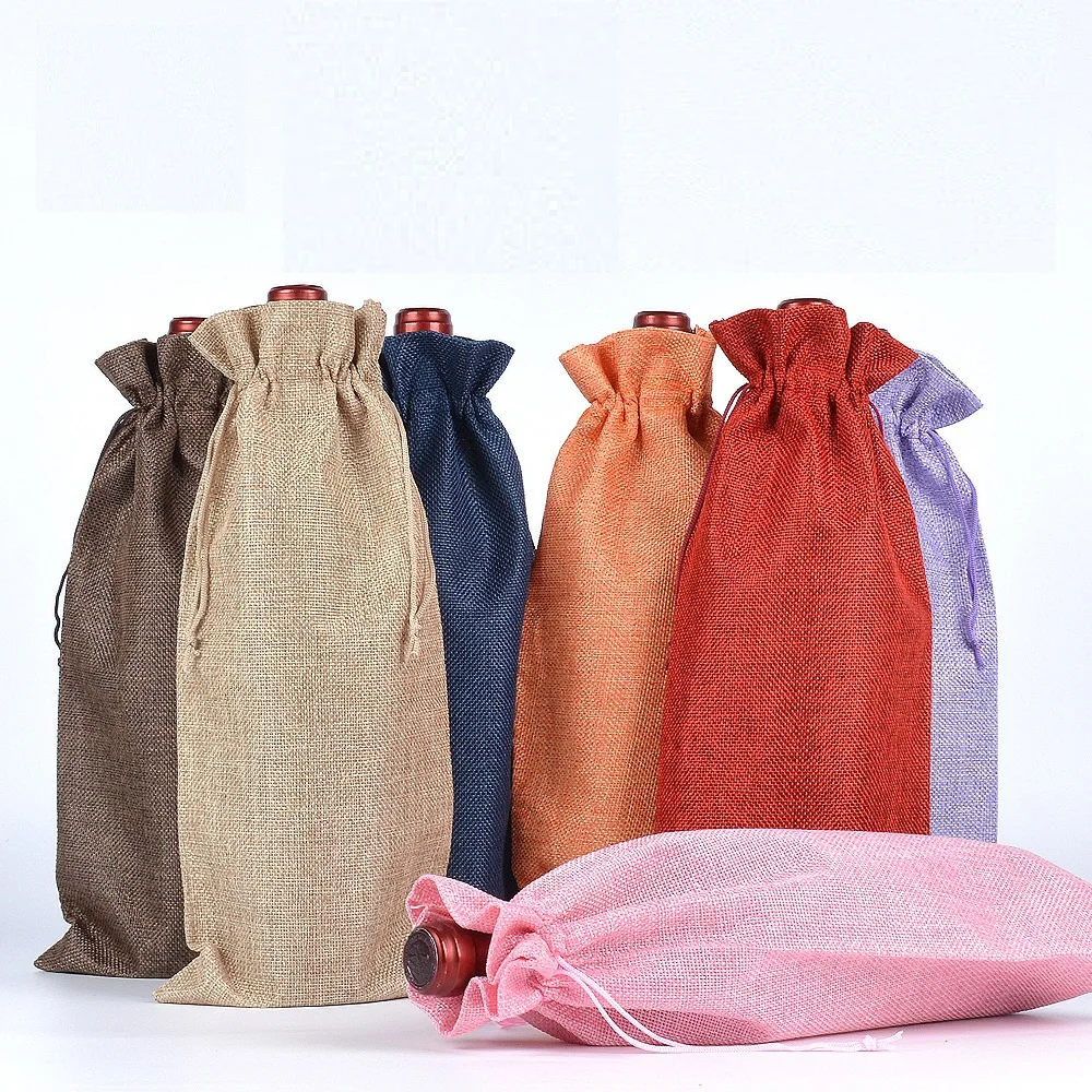 

10pcs/lot Latest 15*35cm Linen Cloth Wine Bottle Bags Gift Storage Punching Drawstring Bag Sacks Can Custom Logo