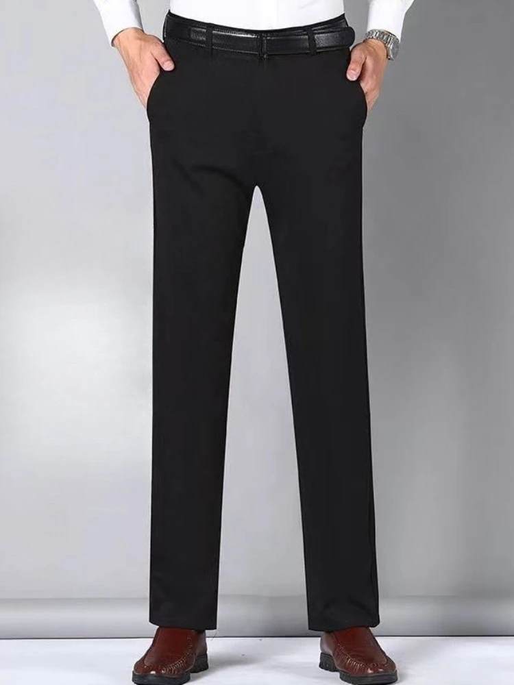 Men's Summer Ice Silk Pants Super Stretch Slim Fit Straight Trousers Business Casual Loose Breathable Office Wear