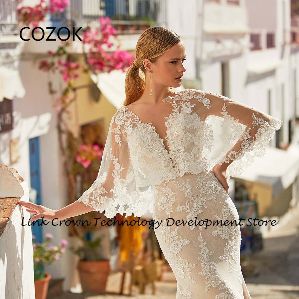 COZOK Ivory Mermaid Wedding Dresses with Lace Full Sleeve Bridal Gowns for Princess 2024 Summer Court Train Vestidos De Novia