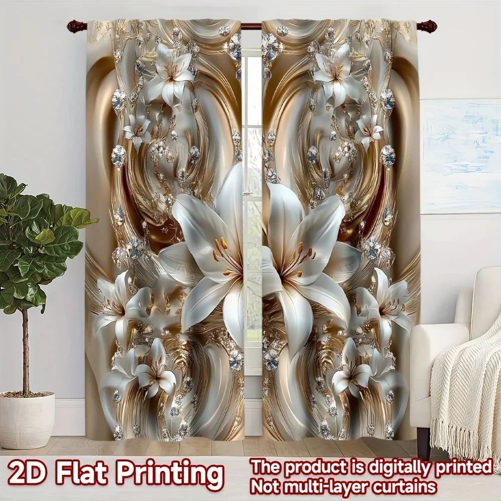 

Elegant Lily Curtains 2pcs, 2D Flat Print 100% Polyester Rod Pocket Machine Washable for Kitchen Living Room Office Decor