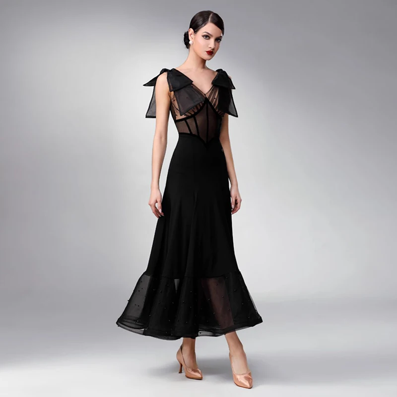Zomer Ballroom Jurk Standaard Dans Kostuum V-hals Mesh Mouwloze Lange Jurken Vrouwen Baljurken Wals Competitie Outfit 2049