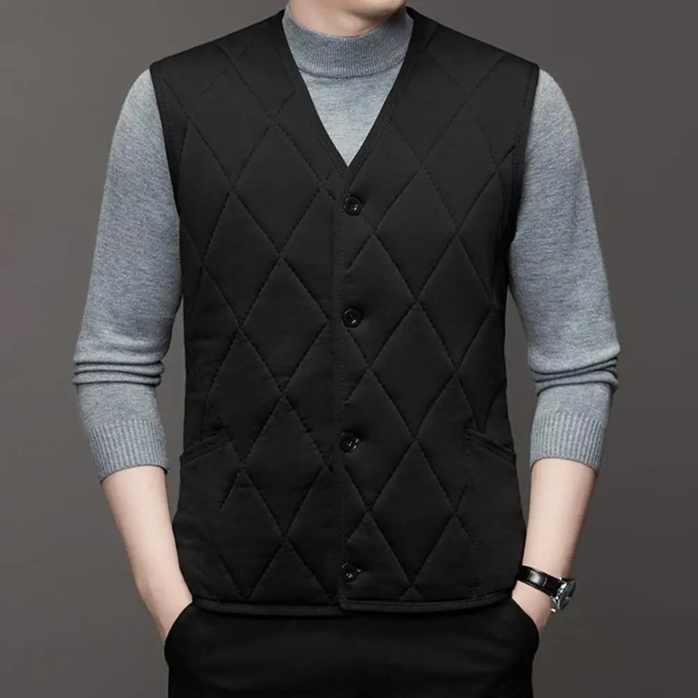 Men Winter Vest Single-breasted Sleeveless Padded Waistcoat V Neck Plush Lining V Neck Waistcoat Autumn Men Casual Waistcoat
