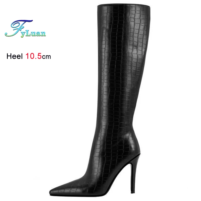 الخريف الشتاء الأسود المرأة حذاء برقبة للركبة حذاء برقبة للركبة رقيقة عالية الكعب 10.5 سنتيمتر أشار تو سيدة أحذية طويلة الأحذية حجم 36-43