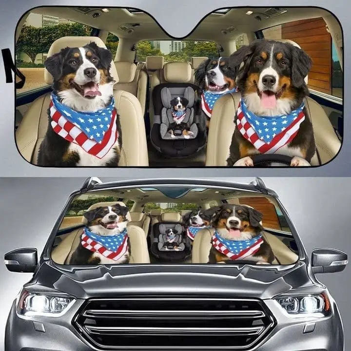 

Bernese Mountain Family American Flag Auto Sun Shade Car Windshield Sunshade, Bernese Mountain Us Family Driving Dog Lovers Auto