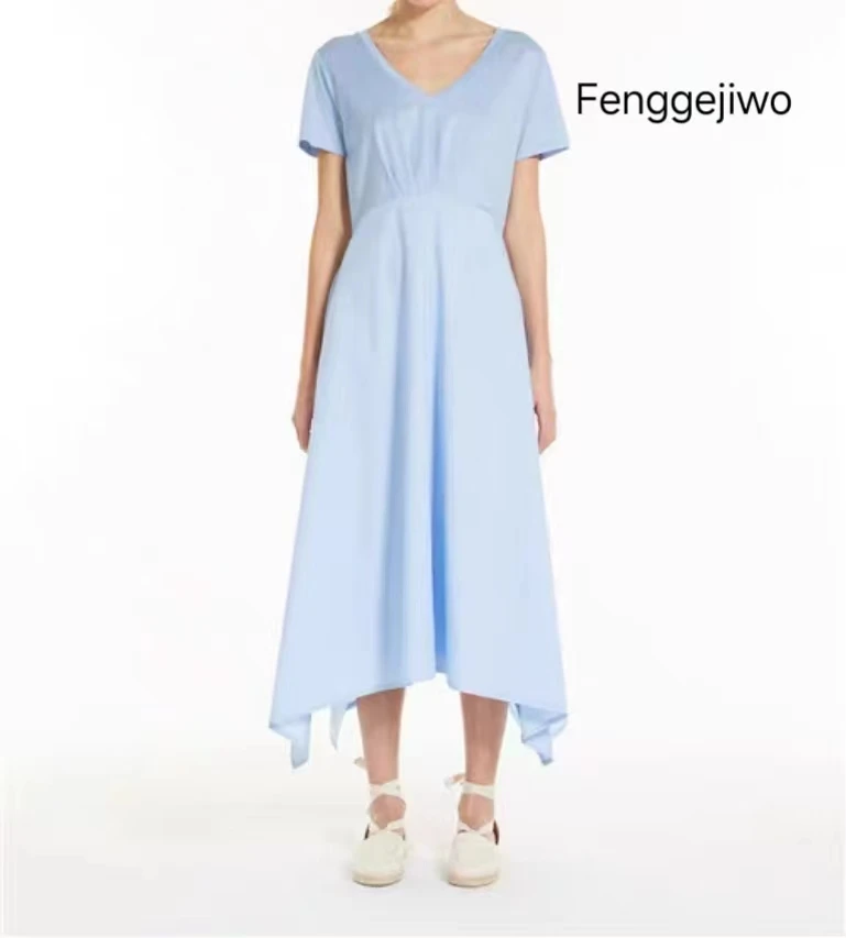 Fenggejiwo pure cotton patchwork short sleeved V-neck irregular hem dress