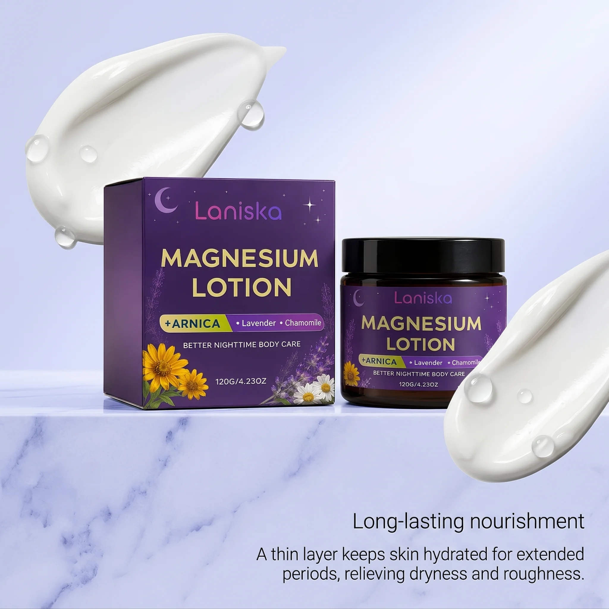 Laniska Nighttime Magnesium Body Lotion Deep Nourish Soften Skin Fast Absorbing Gentle Scent No Stain For Bedtime Care 120g