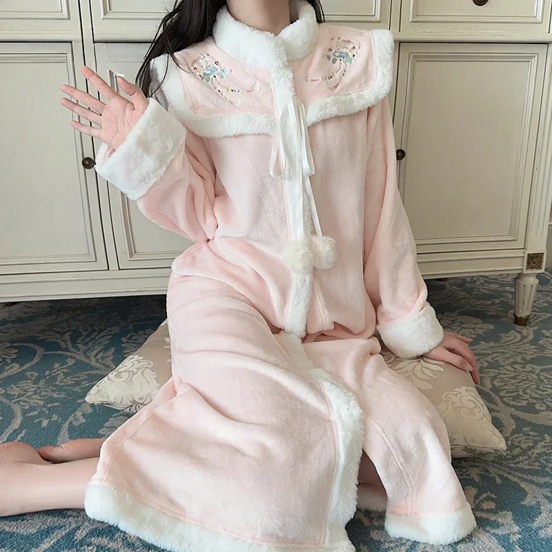 Flannel Flower Womens Kimono Robe Loungewear Autumn Winter Coral fleece Bathrobe Sleepwear Bath Gown Nightgown Lingerie