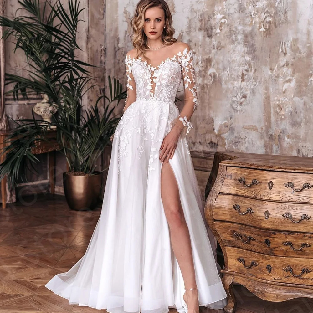 Latest Classic White Lace Wedding Dresses Long Sleeves Bridal Gowns Illusion Neckline Bride  Back Out Side Split 2023