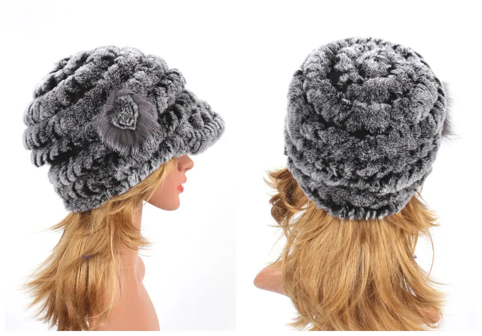Winter Pelz Hüte für Frauen Rex Kaninchen Fell Elastische Gestrickte Hut mit Blume Pelz Hut Großhandel Baseball Kappe Weibliche Echtpelz Bonnets – Detail 15