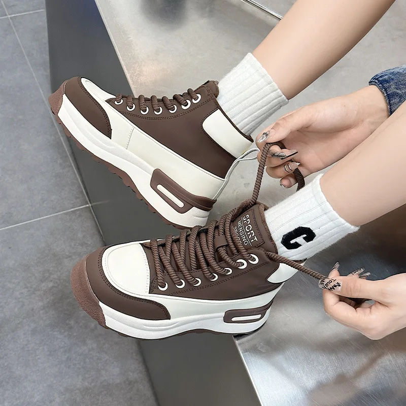 CXJYWMJL Genuine Leather High Top Sneakers Women Winter Platform Vulcanized Shoes Lace up Thick Soled Warm Casual Sports Shoes