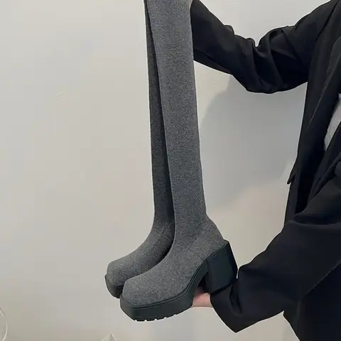 आकार 35-40 शीतकालीन महिलाओं के घुटने के ऊपर मोजे जूते खिंचाव बुना मोटी एड़ी लंबे जूते महिला पर्ची मंच जूते 10 best sales महिलाओं के लिए सॉक बूट - №8