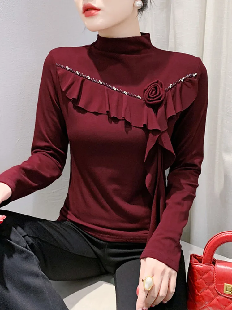 Large Size, Thickened, Brushed, Heavy-Duty, Nail Bead, Unique Flower, Fungus Edge, Base, Small Shirt, Women's Long Sleeved,