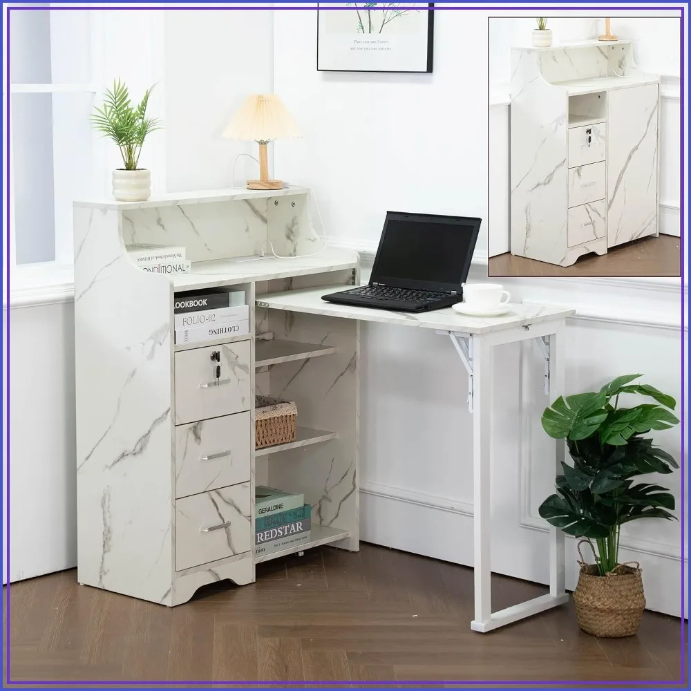 Fold Out Desk with Storage, Lockable Drawers, Shelves and Power Outlet, White
