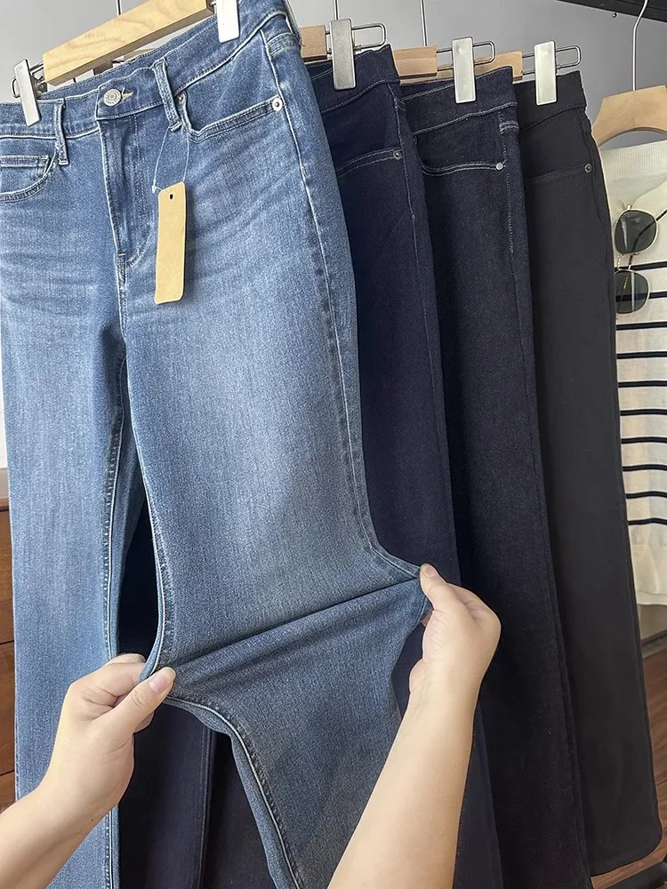 Cintura alta clássico ajuste elástico emagrecimento tubo calças jeans nove pontos versátil retro sle sala de estar entrada