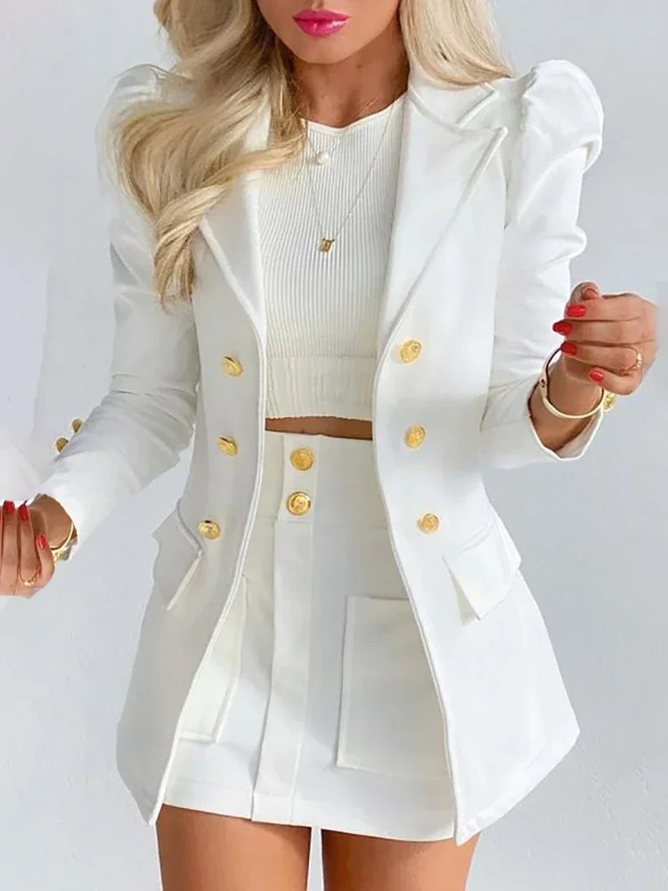Fashion Women\'s Summer Long Sleeve Office Lady Jacket with Mini Skirt 2024 Two-piece Suit Solid Color Blazer and Skirt Sets