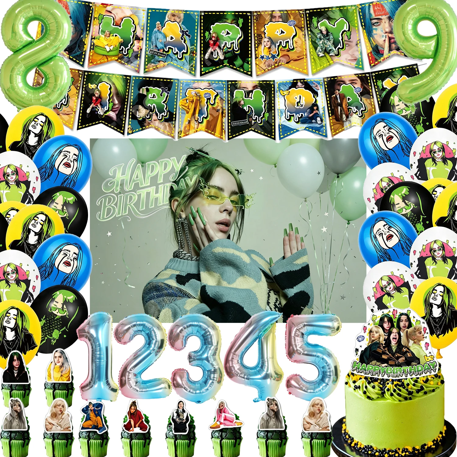 Billie Eilish Themen-Fanartikel für Geburtstagsfeier, Sängerin-Kuchenaufsatz, Ballons, Banner, Fotografie-Requisiten