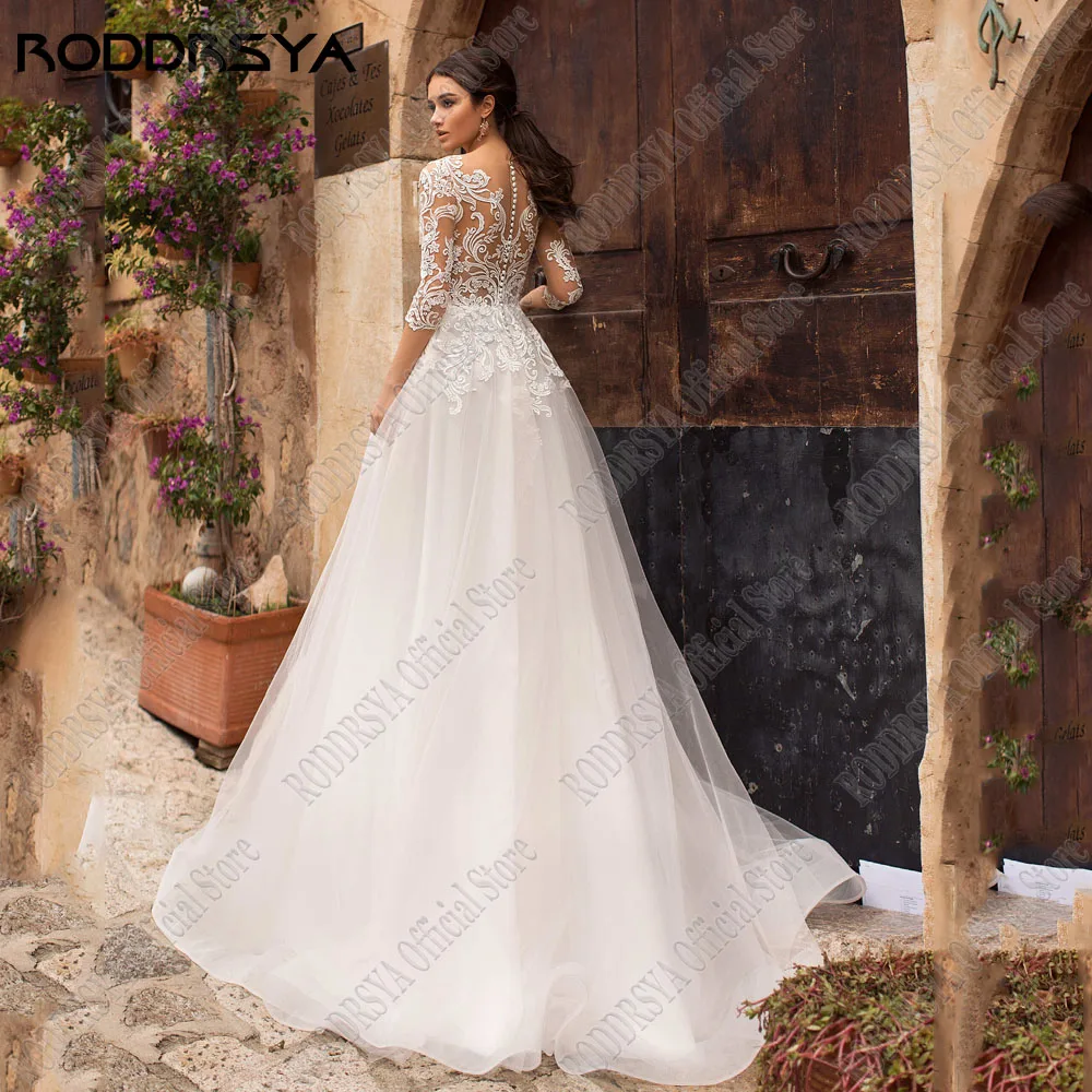 Roddrsya bohème 3 / 4 manches robe de mariée a - word scoop dentelle applique robe de mariée colonnRODDRSYA-Robe de Mariée de Style Boho à Manches 3/4, Tenue Éducative en Tulle avec Appliques en Dentelle, Forme Trapèze