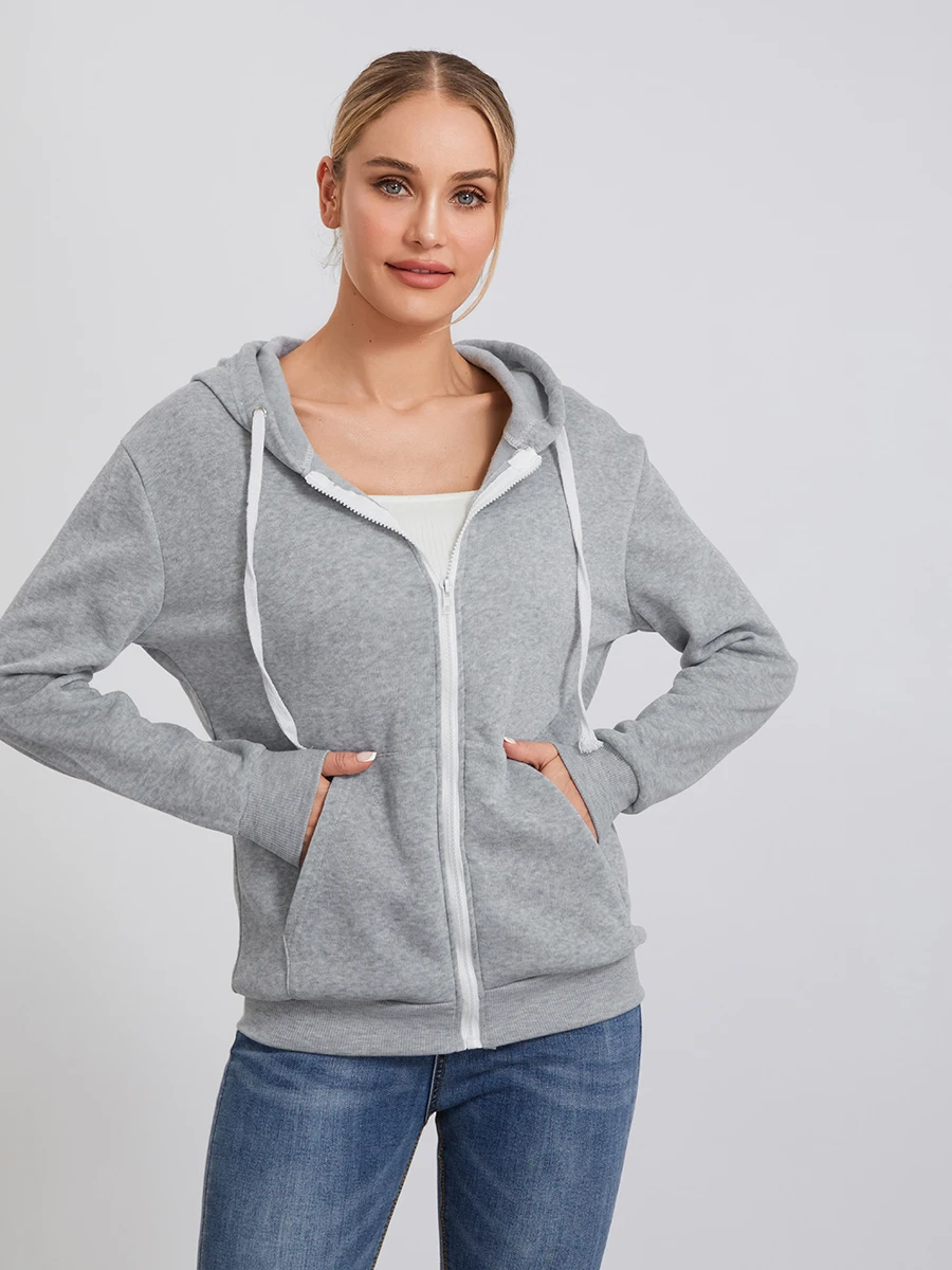 

wsevypo Autumn Casual Sporty Hoodies Women's Long Sleeve Zip-up Hooded Sweatshirts with Front Pockets Street Workout Outwear