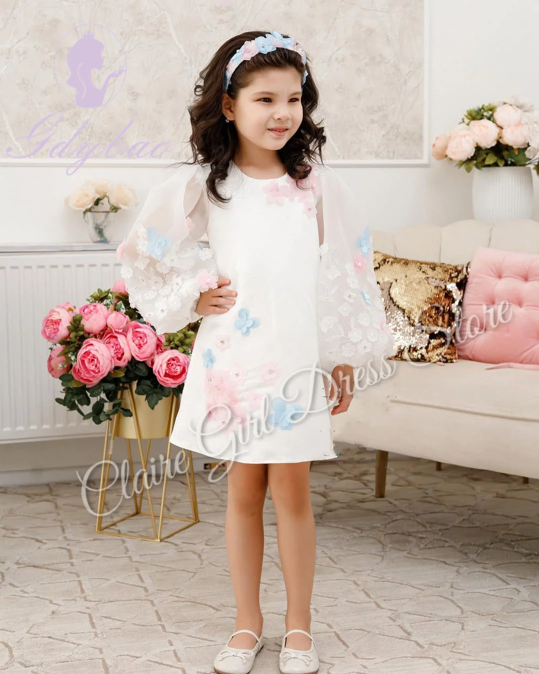 Customized Cute Flower Girl Dresses For Wedding Full Sleeves Appliques Pearls Kids Birthday Party First Communion Pageant Gown