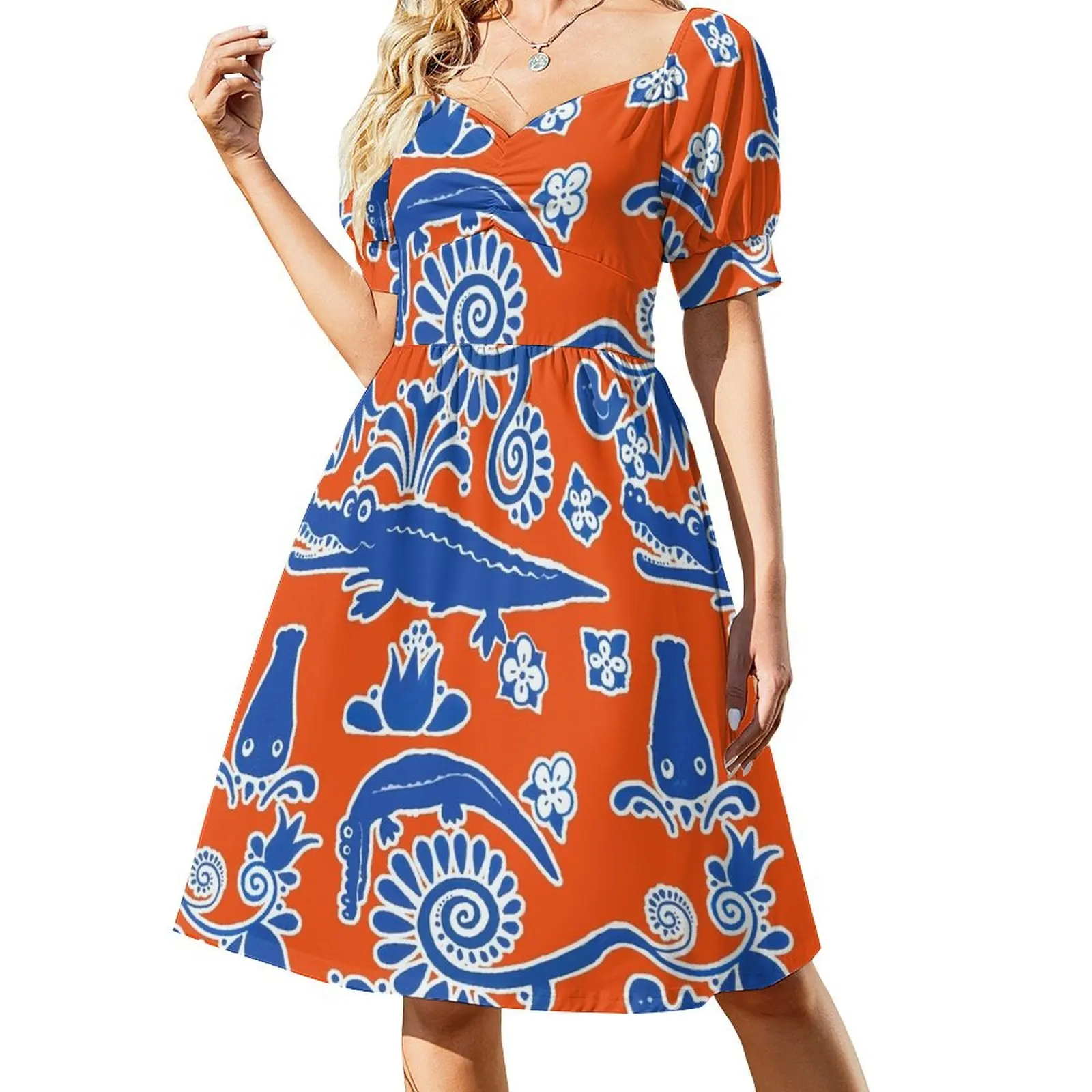 

Gator Toile Orange and Blue Short-Sleeved Dress dresses for woman 2025 evening dresses luxury 2025 clothing women summer 2025