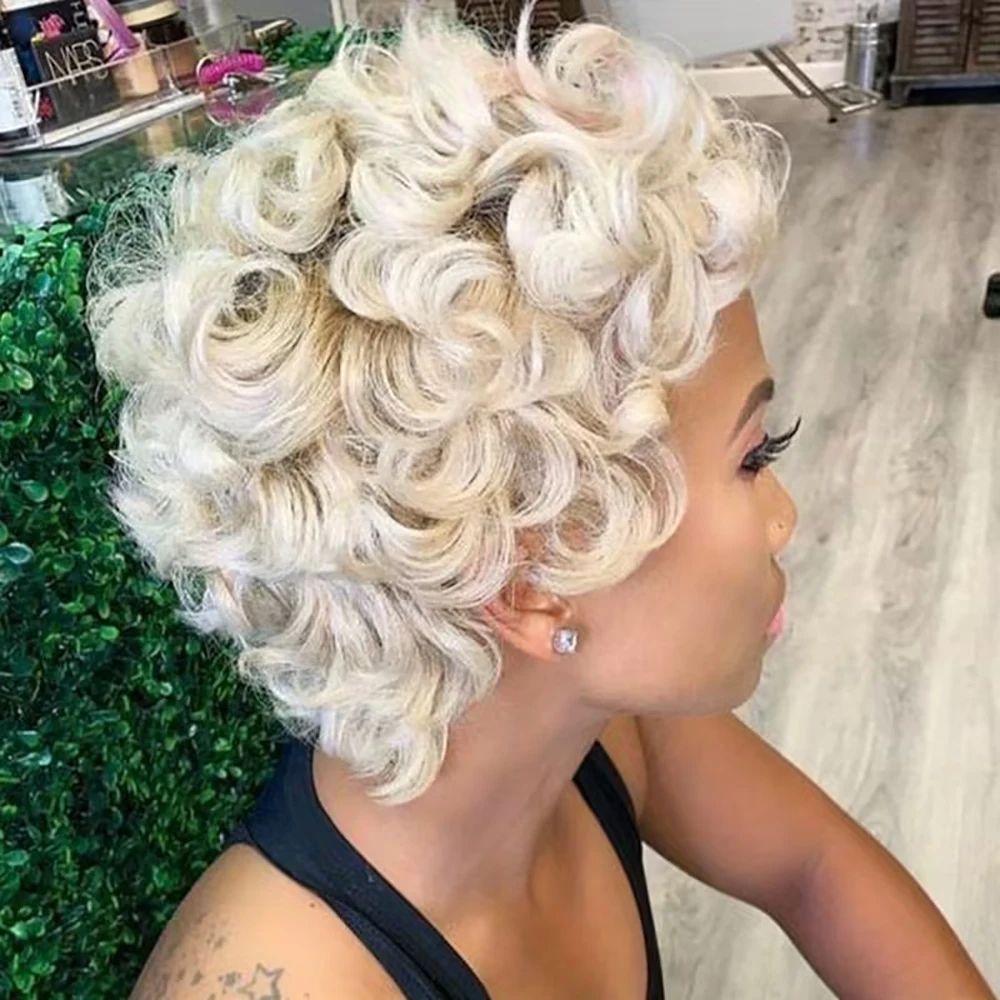 شقراء قصيرة عابث قطع الباروكات شعر الإنسان فضفاض موجة مجعد الباروكات مع الانفجارات للنساء الشعر البرازيلي آلة صنع قبعة تأثيري اليومي