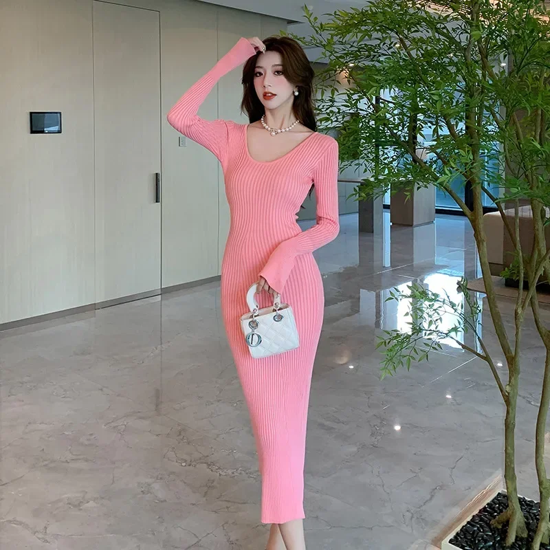 

Spring Autumn Knitted Dress Women Solid V Neck Sexy Slim Elastic Bodycon Dress Winter Fashion Warm Long Dress Y2k