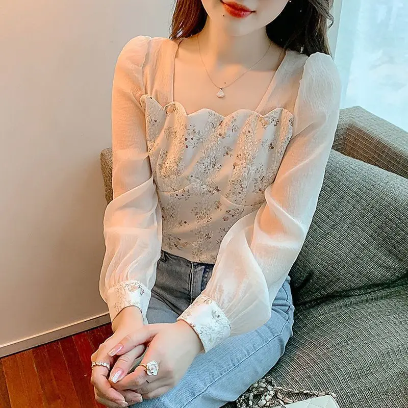 Lace Patchwork Chiffon Shirt for Women in Spring 2024 New Small Fresh Sweet Square Neck Chic Floral Top Small Shirt