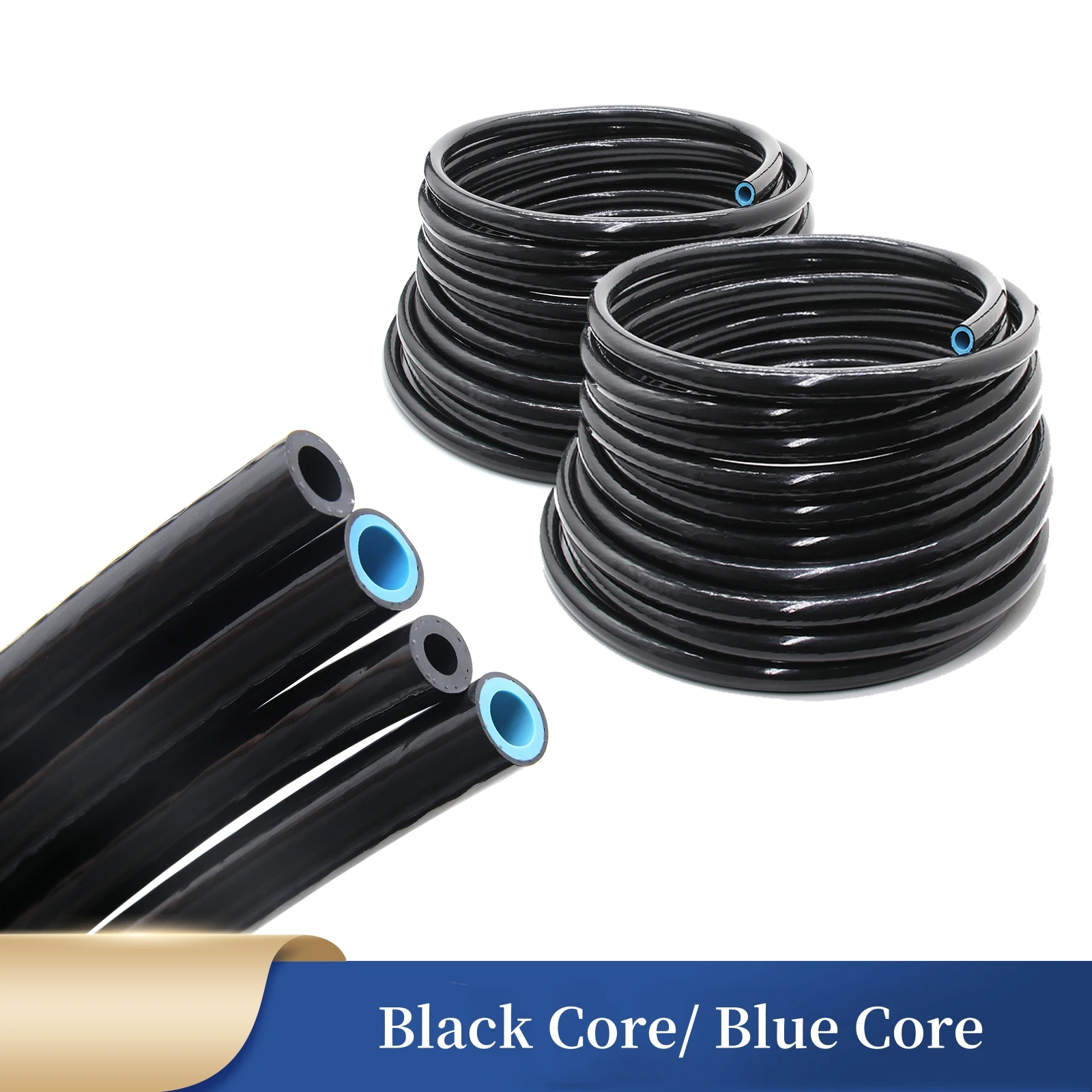 TPU Double-Layer Resin Oil Pipe Fuel Tube, Wire-clamping Tubing, Petrol Hose, Diesel Pipeline, Black Blue Core, 6~25mm, 1m