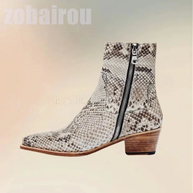 Snakeskin Print Pointed Toe Mid Calf Boots Fashion Side Zipper Men Shoes Luxury Handmade Party Banquet Dating Men Casual Shoes