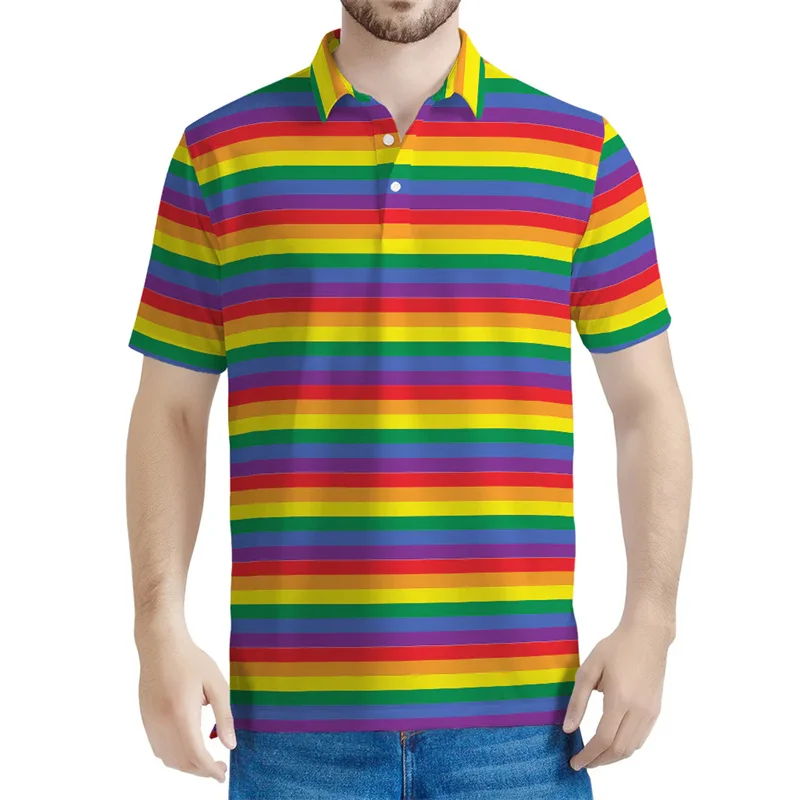 Camisa polo com padrão geométrico masculina, totalmente impressa, listras do arco-íris, mangas curtas, botão casual, camiseta de lapela, camisetas