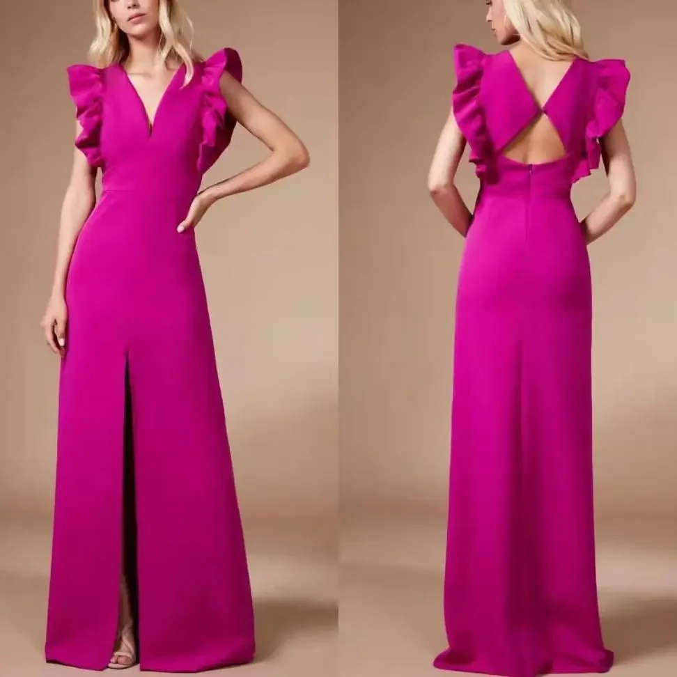 

Elegant Dragon Fruit Satin Deep V-neck Ruffled Sleeves Straight Split Floor Dragging Women's Gown Formal Occasion Dress Large