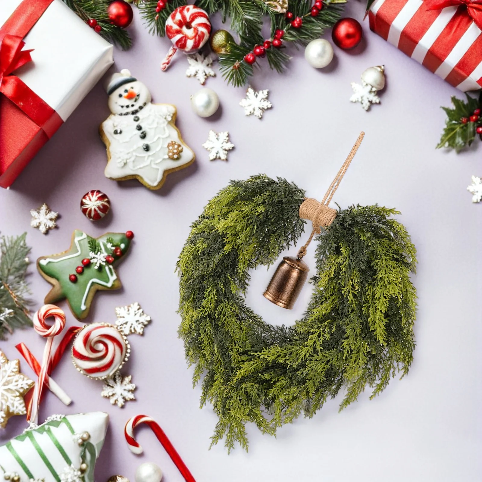 

Heart Shaped Christmas Wreath With Bell Faux Cedar Pine Garland Outdoor Front Door Wall Hanging Fireplace Decorative Holiday