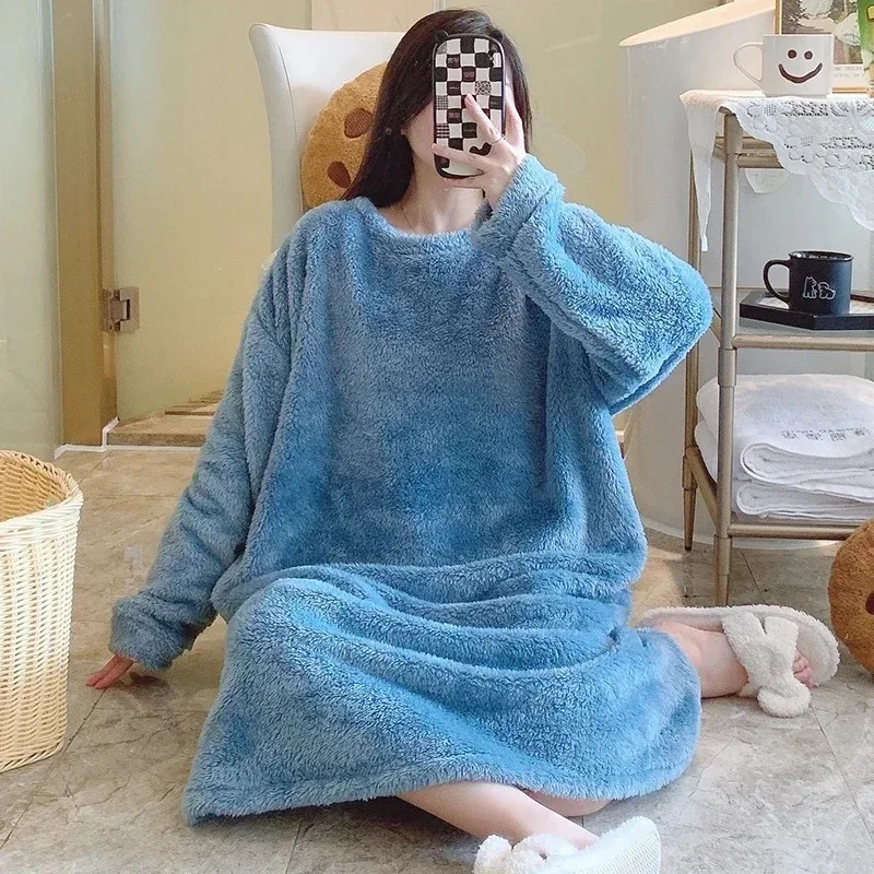 Women Winter Night Dress Warm Flannel Large Size Thick Nightgowns Warm Sleepwear Nightwear Pajamas sets Lounge Set Home Wear