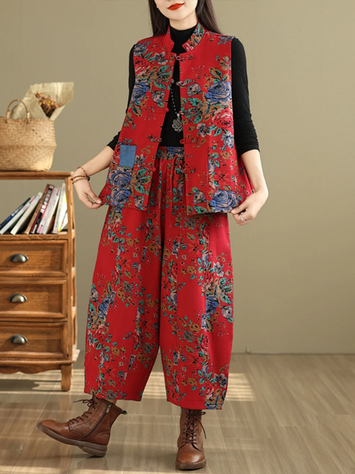 เสื้อกั๊กผู้หญิง Thiened Fce ทรงหลวม สไตล์วินเทจ ลายพิมพ์ชาติพันธุ์ สีแดง เสื้อคลุมตัวนอก ความยาวปกติ ติดกระดุมเม็ดเดียว