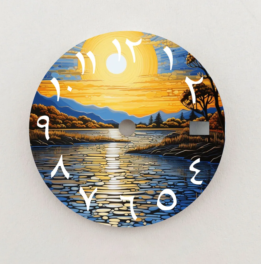 アラビア数字の文字盤,カスタムロゴ,湖と日没のシリーズ,28.5mm,モバイル,nh35,36に適しています