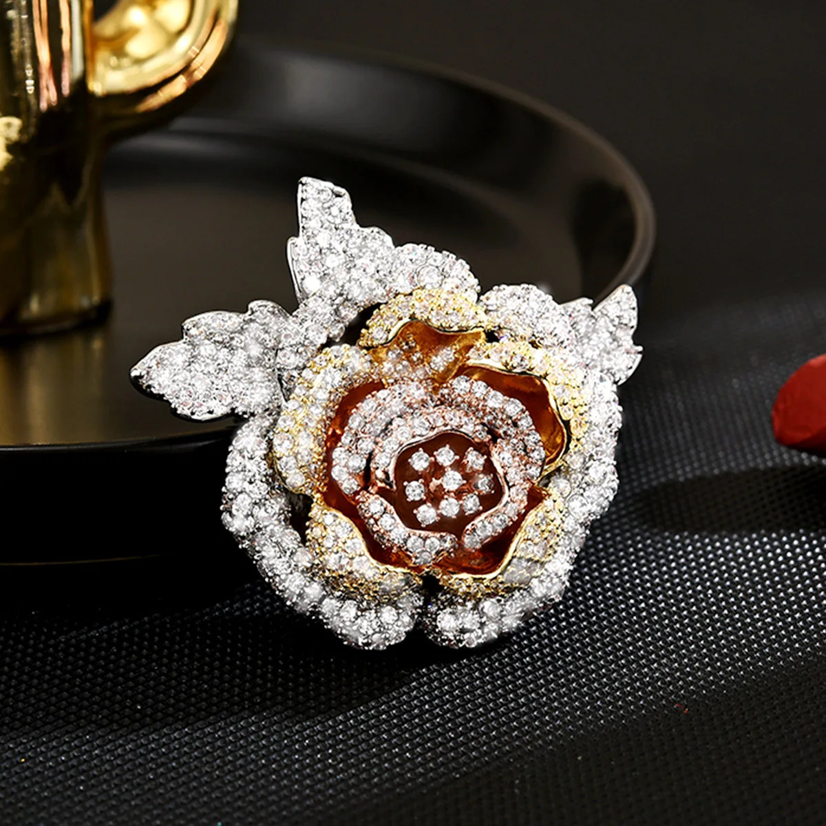 Elegant 3-Color Flower Brooch, Micro-Paved Zirconia Rose Lapel Pin, Statement Coat Jacket Accessory for Her