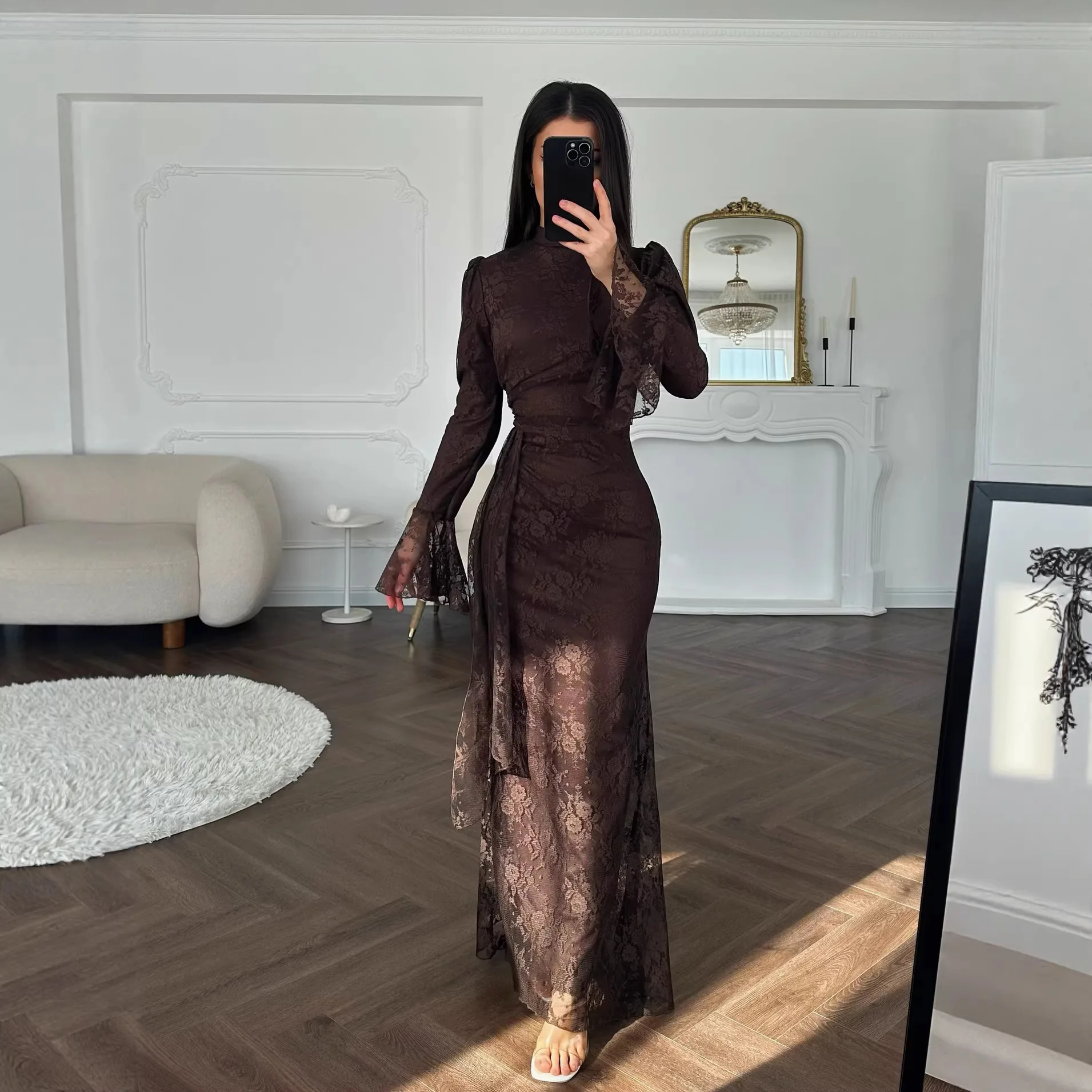 

Sexy Lace Party Dress Fashion Embroidery Solid Color Bell-Bottomed Sleeve Hip Package Gowns 2026 Elegant Chic Evening Robe