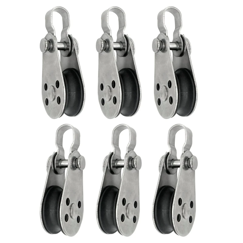 Marine Rope Pulleys with Internal Rolling Supports, Single Enclosed Sheaves, Metal Frame, and ABS Wheel for Rope, Set of 6