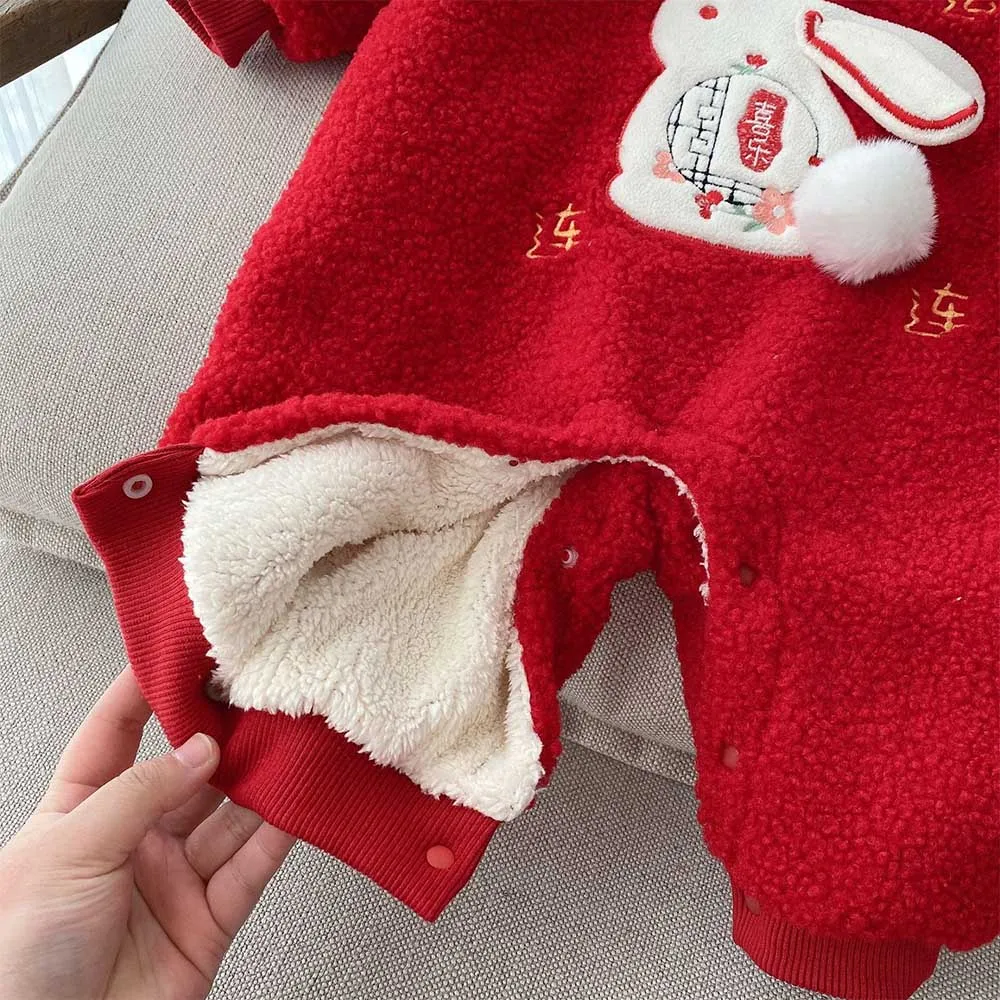 First Christmas Baby Girl Romper Long Sleeve Fleece Warm Winter Newborn Clothes Red Chinese Style New Year Infant Boy Jumpsuit