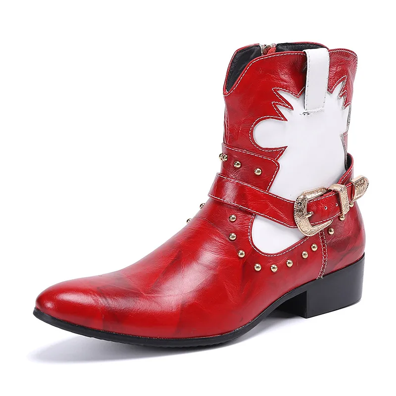 

Fashion Mixed Color Splicing High Top Ankle Boots for Men Rivet Metal Square Toe Chunky Heel Belt Buckle Male Motorcycle Boots