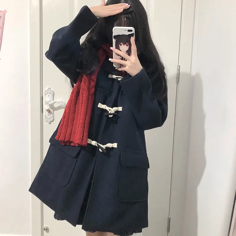 

New Jk School Girls Buckle Lolita Coat Female Autumn And Winter Japanese College Style Wool Coat Cotton Long Overcoat