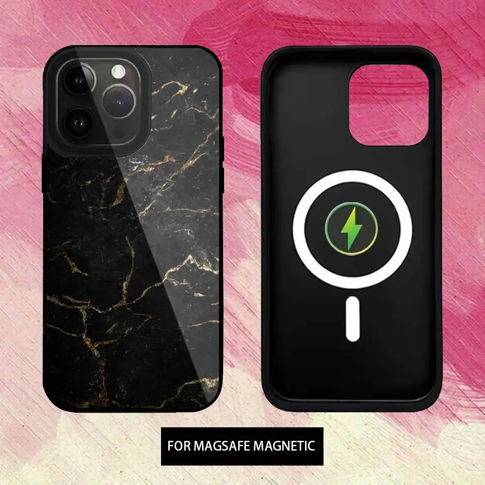 B-funda de teléfono de arte de mármol dorado negro para iPhone17,16,15,14,13,12,11 Plus, carga inalámbrica Magsafe magnética Pro Max