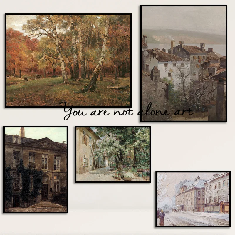 Póster Artístico de paisaje urbano antiguo Vintage, pintura en lienzo, impresiones de pared, imagen para habitación, decoración del hogar, arquitectura de invierno, pueblo nevado