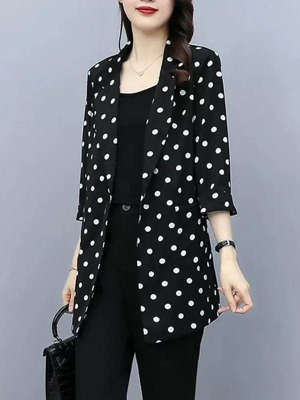 Slim Fit Chiffon Blouse Women's Business Casual Polka Dot Print Breathable Summer Jacket plus Size Straight Hemline Button up