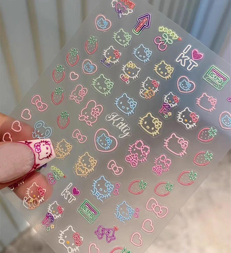 1 Vel Fluorescerende Hellokitty Nagelsticker Reliëf Japanse Cartoon Meisje Hart Hello Kitty Pen Houder Beker Decoratie Sticker