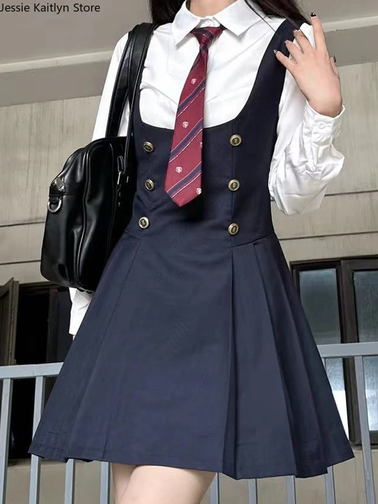 Conjunto de vestido de camisa de manga comprida feminina, uniforme escolar kawaii japonês, moda coreana, estudante universitária, JK, novo, outono