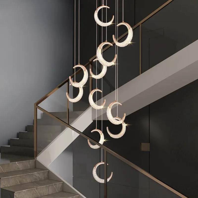 

Staircase Chandelier Nordic Modern Light Luxury Creative Personality Moon Restaurant Light Duplex Loft Long Line Chandelier