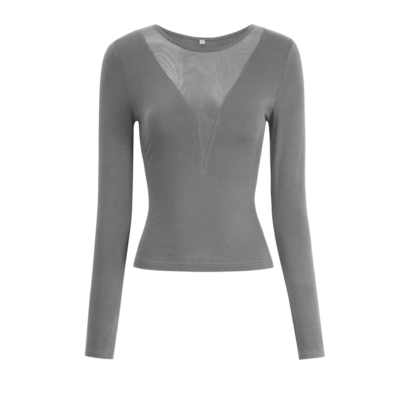 

NEW-Women Long Sleeve Mesh Deep V Neck Tight Fitted Shirts For Women 2025 Fashion Y2K Shirts