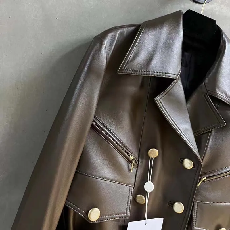 High-End Luxury Leather Jacket Women Coat Spring And Autumn 2024 Turn-Down Collar Clothes With Belt Double Breasted